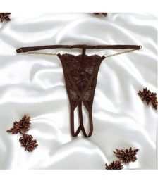 String en dentelle marron ouvert avec chaînes dorées - PA01MBRW